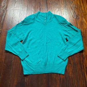Vintage 90s Daniel Caron Sweater Women L Teal Lambswool Angora Mock Neck Henley